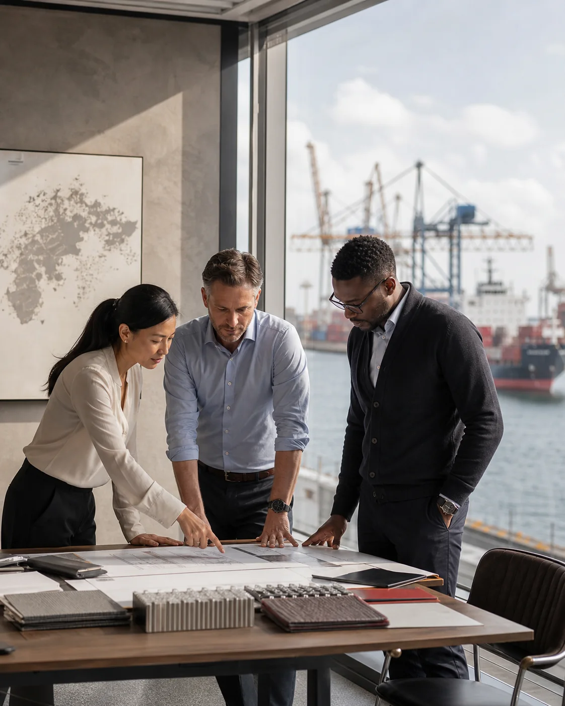 International trade professionals reviewing plans beside a working harbor