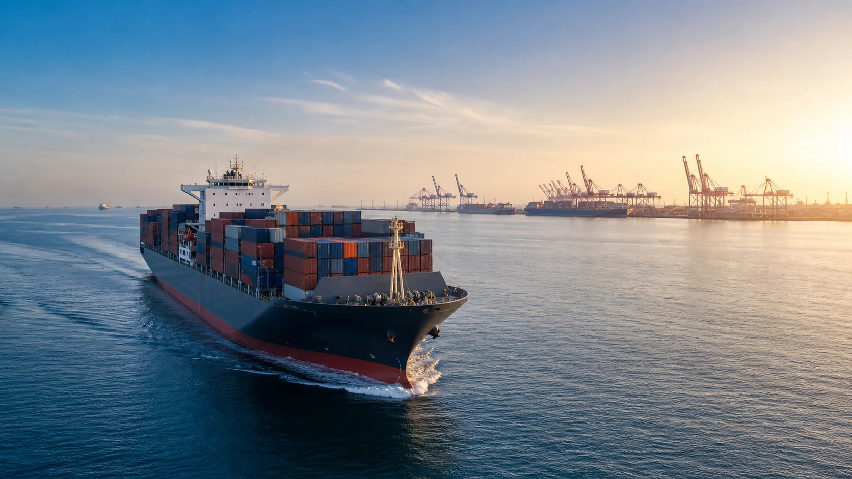 Cargo vessel approaching a modern port at sunrise