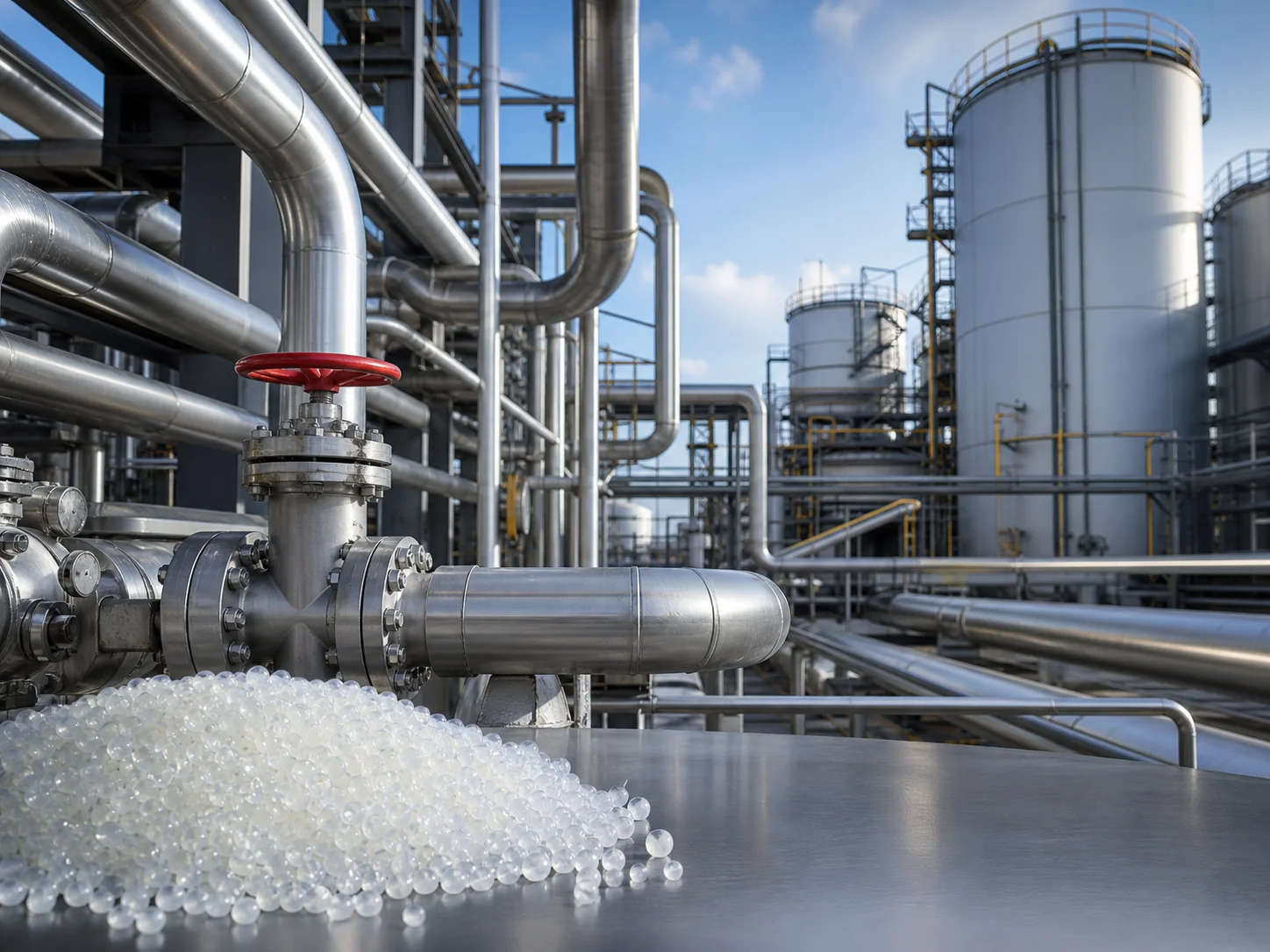 Petrochemical plant pipework with polymer pellets