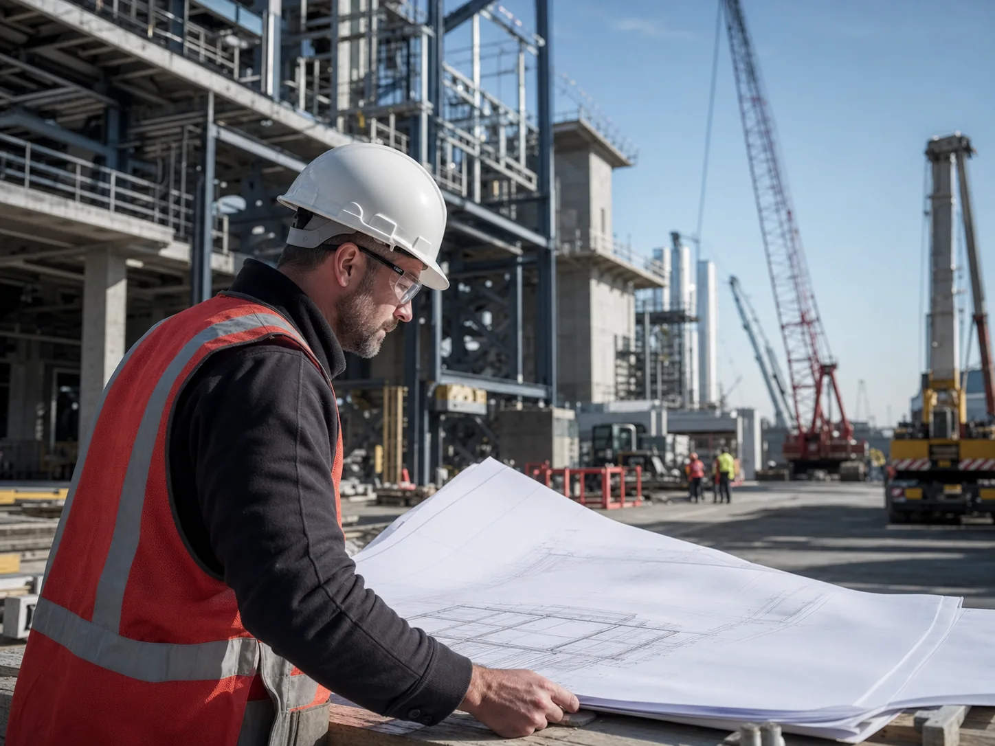 Project engineer reviewing plans at an industrial construction site