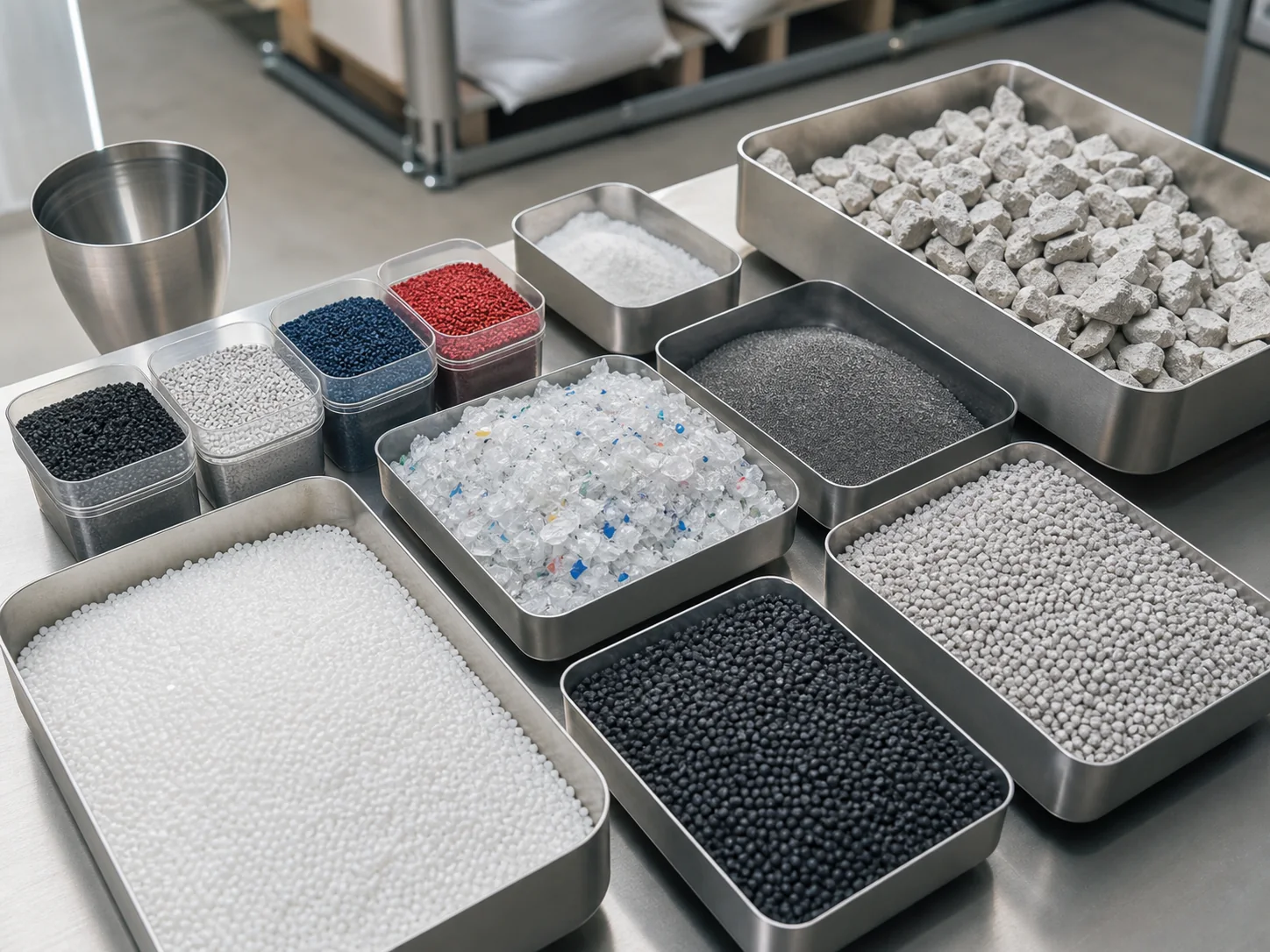 Organized industrial minerals, polymer granules, and recycled materials