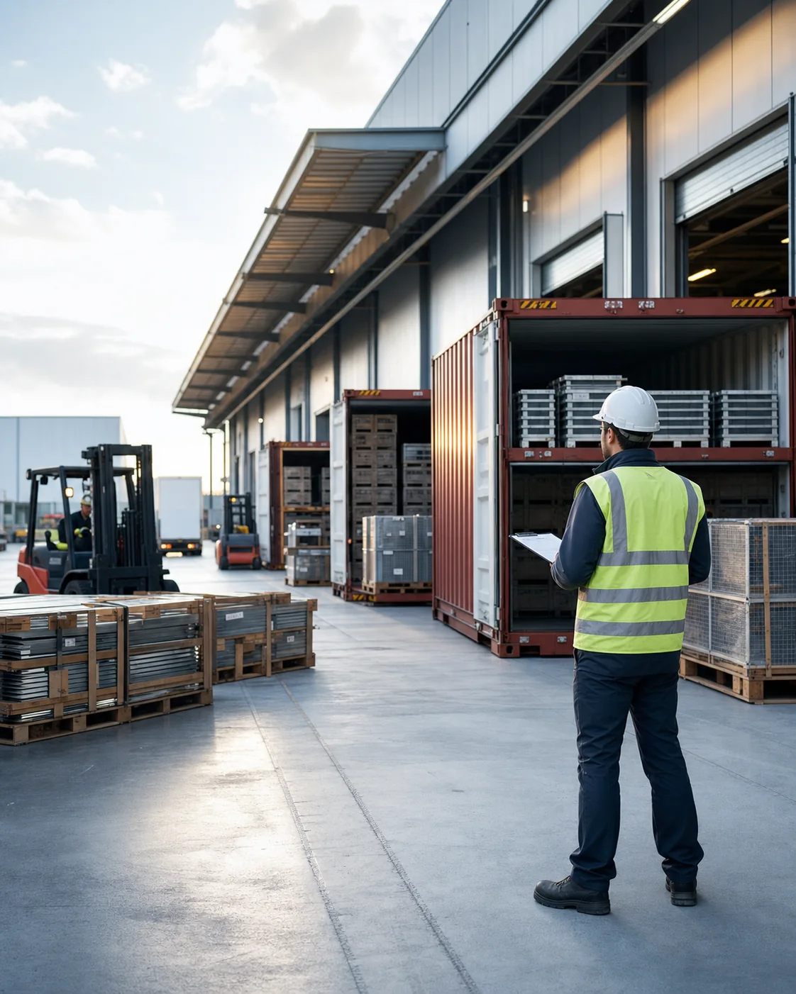 Logistics professional overseeing organized international shipments